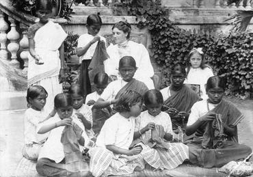 Missionary wife Olga Elisabeth Hornbech with her daughter and students from the mission's boarding school for girls in Tirukkoiyilur, south India, 1915. Courtesy of Danmission
