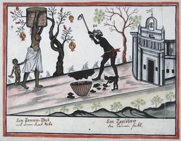 Depiction from mid 18th century of coli workers in Tranquebar. Franckesche Stiftungen zu Halle, Germany