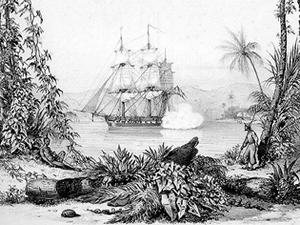 The Corvette Galathea at the Nicobar Islands. Drawing by J.C. Thornam, 1846. Historical background