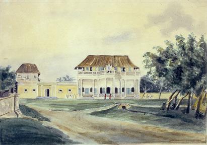 The Governor’s residence. The aquarelle belonged to the Mourier governor family and was probably painted in the 1830s by Adele Mourier (1803-1855), sister to Konrad Emile Mourier who was Danish governor 1832-1838. Maritime Museum, Denmark