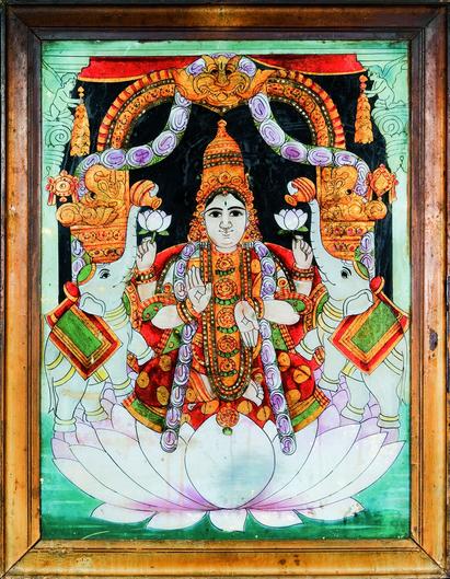 Glass painting depicting goddess Gajalakshmi bathed by elephants, presumably late 19th century. National Museum of Denmark (Inv.no. D.3773)