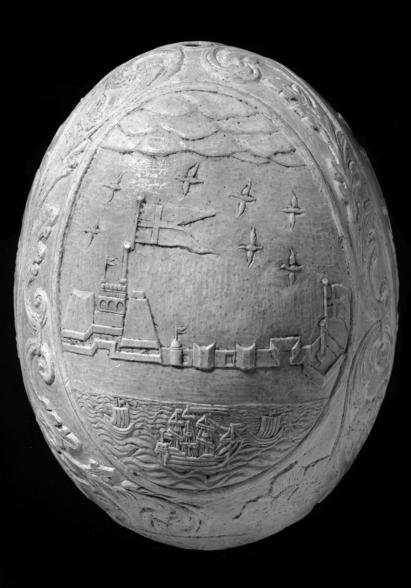Hollow ostrich egg with carvings depicting the Cape of Good Hope, Fort Dansborg and a town plan of Tranquebar, entered in the Museum of Nordic Antiquities in 1820. National Museum of Denmark (Inv.no. CCXXI)