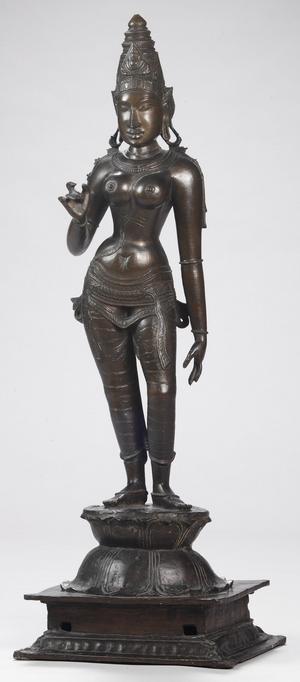 Bronze sculpture from the Chola Dynasty depicting the Hindu god Tani Amman (Parvati), presumably 12th century. Photo: John Lee, 2005. National Museum of Denmark (Inv.no. Da.163)