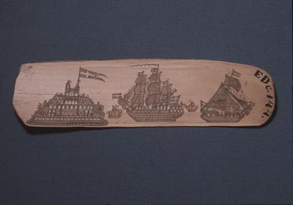 Fort Dansborg and two ships, both waving the Danish flag, drawn by an Indian artist on a dried palm leaf. Entered the Royal Danish Kunstkammer in 1742. Photo: Niels Erik Jehrbo, 1978. National Museum of Denmark (Inv.no. Dc.144)