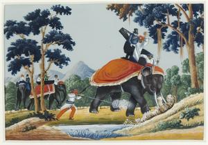 Elephant hunt, guache on mica, presumably early 19th century. Photo: Arnold Mikkelsen & John Lee, 2006. National Museum of Denmark (Inv.no. Du.452)