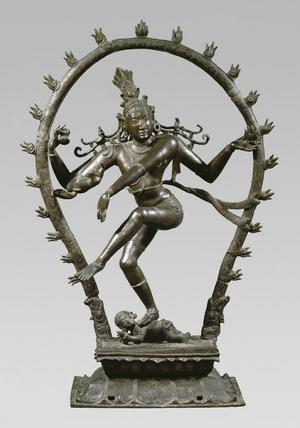 The sculpture depicts the Hindu deity Shiva as Nataraja, the lord of dance, dancing in a ring of fire as he tramples Apasmara, the demon of human ignorance, underfoot. National Museum of Denmark (Inv.no. Da.161)